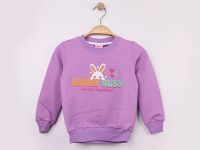 Toptan WENGE KİDS Tavşan Baskılı Kız Sweat LİLA - Beniz Bebe