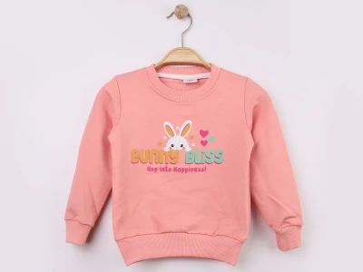 Toptan WENGE KİDS Tavşan Baskılı Kız Sweat PEMBE - Beniz Bebe