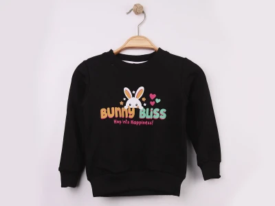 Toptan WENGE KİDS Tavşan Baskılı Kız Sweat SİYAH - Beniz Bebe