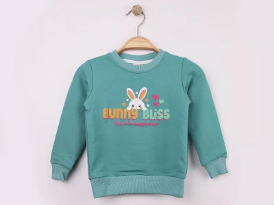 Toptan WENGE KİDS Tavşan Baskılı Kız Sweat SUYEŞİLİ - Beniz Bebe