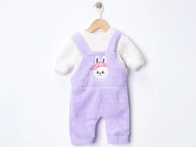 Toptan DENİTO Tavşan Baskılı Peluş Unisex Bebe Salopet Takım - Toptan Çocuk Giyim Beniz Kids