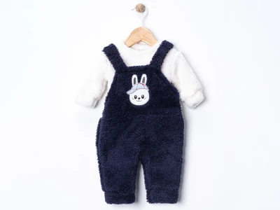 Toptan DENİTO Tavşan Baskılı Peluş Unisex Bebe Salopet Takım LACİVERT - Beniz Bebe