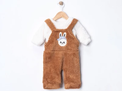 Toptan DENİTO Tavşan Baskılı Peluş Unisex Bebe Salopet Takım KAHVERENGİ - Beniz Bebe