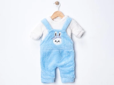 Toptan DENİTO Tavşan Baskılı Peluş Unisex Bebe Salopet Takım AÇIKMAVİ - Beniz Bebe