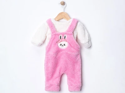 Toptan DENİTO Tavşan Baskılı Peluş Unisex Bebe Salopet Takım PEMBE - Beniz Bebe