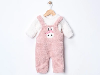 Toptan DENİTO Tavşan Baskılı Peluş Unisex Bebe Salopet Takım PUDRA - Beniz Bebe