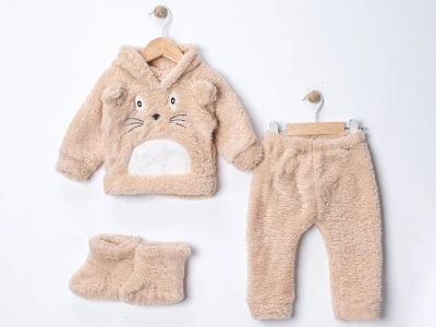 Toptan DENİTO Tavşan Baskılı Şapkalı Patikli Peluş Erkek Takım - Toptan Çocuk Giyim Beniz Kids