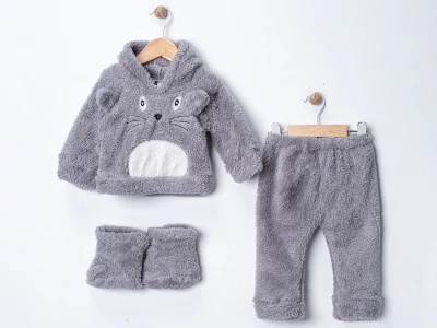 Toptan DENİTO Tavşan Baskılı Şapkalı Patikli Peluş Erkek Takım Grey - Beniz Bebe
