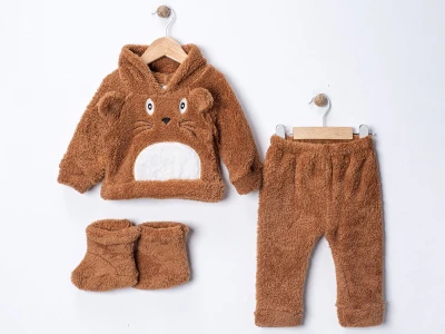 Toptan DENİTO Tavşan Baskılı Şapkalı Patikli Peluş Erkek Takım Brown - Beniz Bebe