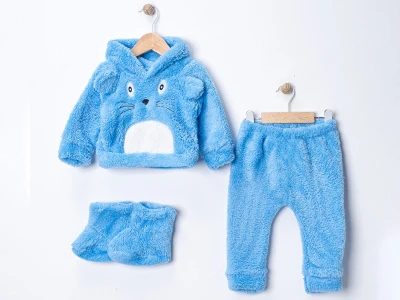 Toptan DENİTO Tavşan Baskılı Şapkalı Patikli Peluş Erkek Takım Light Blue - Beniz Bebe