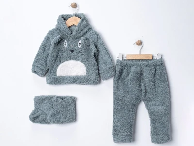 Toptan DENİTO Tavşan Baskılı Şapkalı Patikli Peluş Erkek Takım Eggshell blue - Beniz Bebe