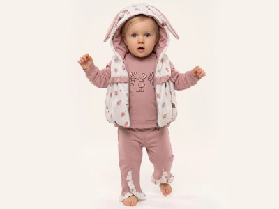 Toptan BEBLY Tavşan Baskılı Yelekli Şapkalı Kız Bebe Üçlü Takım  - Toptan Çocuk Giyim Beniz Kids