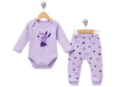 Toptan SÜPERMİNİ  Tavşan Baskılı Yıldız Desenli Kız Bebe Takım   - Toptan Çocuk Giyim Beniz Kids