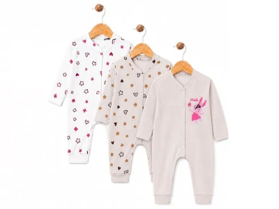 Toptan SÜPERMİNİ  Tavşan Baskılı Yıldız Desenli Kız Bebe Üçlü Tulum Set  - Toptan Çocuk Giyim Beniz Kids