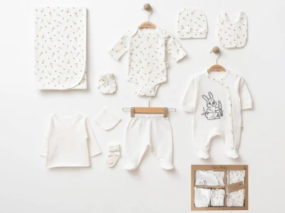 Toptan COŞAY BABY Tavşan Desenli Erkek Bebe Hastane Çıkışı 10'lu Set KAHVERENGİ - Beniz Bebe