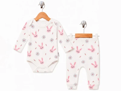 Toptan SÜPERMİNİ  Tavşan Desenli Erkek Bebe Takım PEMBE - Beniz Bebe