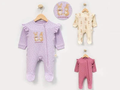 Toptan CAYZEN Tavşan Desenli Fırfırlı Fermuarlı Kız Bebe Tulum  - Toptan Çocuk Giyim Beniz Kids