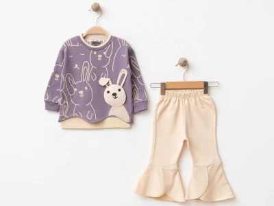 Toptan BEBİNNİ Tavşan Desenli Kız Bebe Takım  LİLA - Beniz Bebe