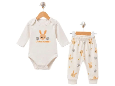 Toptan SÜPERMİNİ  Tavşan Desenli Kız Bebe Takım - Toptan Çocuk Giyim Beniz Kids