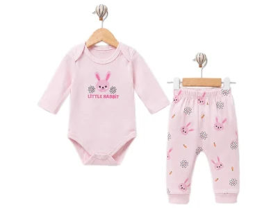 Toptan SÜPERMİNİ  Tavşan Desenli Kız Bebe Takım Pink - Beniz Bebe