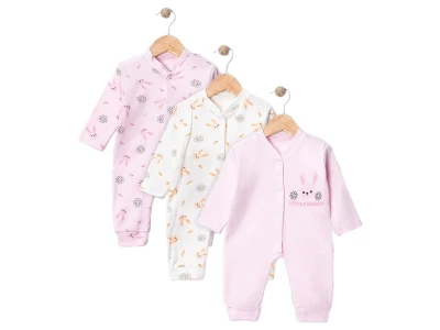 Toptan SÜPERMİNİ  Tavşan Desenli Kız Bebe Üçlü Tulum - Toptan Çocuk Giyim Beniz Kids
