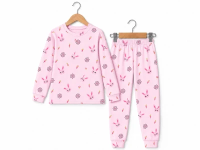 Toptan SÜPERMİNİ  Tavşan Desenli Kız Pijama Takım  - Toptan Çocuk Giyim Beniz Kids
