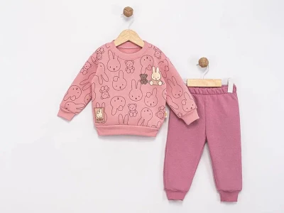 Toptan FEELY KİDS Tavşan Desenli Şardonlu 3 İp Kız Takım PEMBE - Beniz Bebe