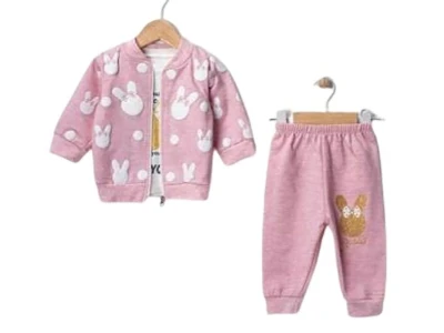 Toptan MİNİTİX Tavşan Detay Kız Bebek 3'lü Takım PEMBE - Beniz Bebe