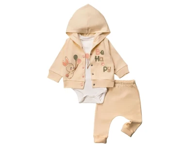 Toptan HOPY BABY Tavşan Detay Kız Bebek 3'lü Takım BEJ - Beniz Bebe