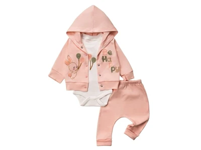 Toptan HOPY BABY Tavşan Detay Kız Bebek 3'lü Takım PUDRA - Beniz Bebe
