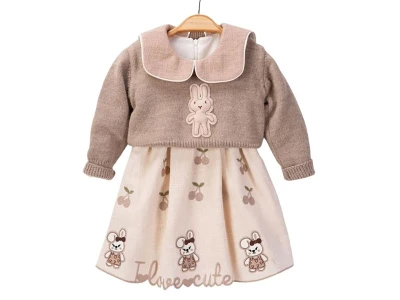 Toptan AYD KİDS Tavşan Detay Kız Çocuk Elbise Brown - Beniz Bebe