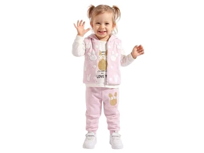 Toptan MİNİTİX Tavşan Detay Yelekli 3'lü Kız Bebek Takım - Toptan Çocuk Giyim Beniz Kids