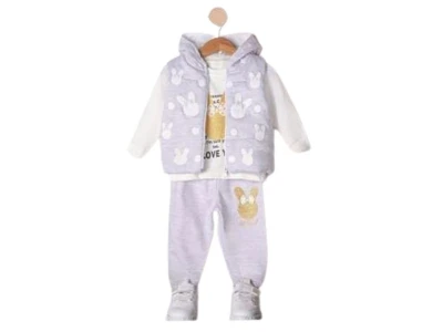 Toptan MİNİTİX Tavşan Detay Yelekli 3'lü Kız Bebek Takım GRİ - Beniz Bebe