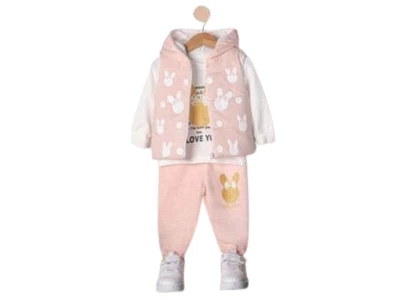 Toptan MİNİTİX Tavşan Detay Yelekli 3'lü Kız Bebek Takım GÜLKURUSU - Beniz Bebe
