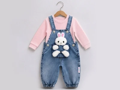 Toptan BABY İCON Tavşan Detaylı Kız Bebek Kot Salopet Set - Toptan Çocuk Giyim Beniz Kids