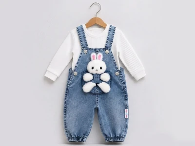 Toptan BABY İCON Tavşan Detaylı Kız Bebek Kot Salopet Set BEYAZ - Beniz Bebe