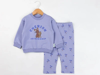 Toptan COMİX Tavşan & Fare Baskılı Çiçek Desenli Kız Takım   - Toptan Çocuk Giyim Beniz Kids