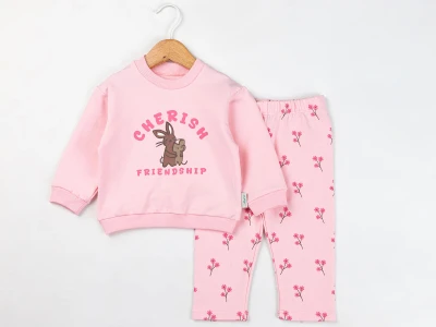 Toptan COMİX Tavşan & Fare Baskılı Çiçek Desenli Kız Takım   PEMBE - Beniz Bebe