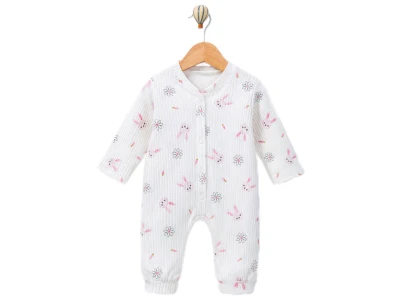 Toptan SÜPERMİNİ  Tavşan & Havuç Desenli Unisex Bebe Tulum PEMBE - Beniz Bebe