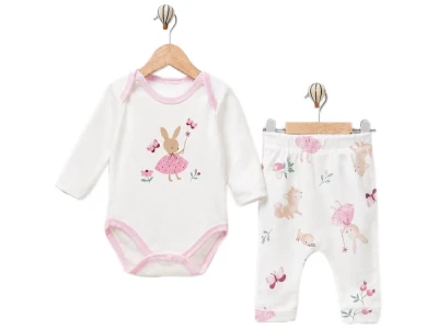 Toptan SÜPERMİNİ  Tavşan & Kelebek Baskılı Kız Bebe Takım  - Toptan Çocuk Giyim Beniz Kids
