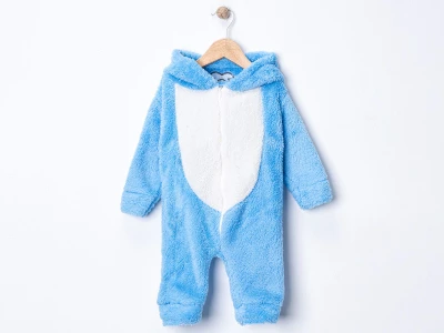 Toptan DENİTO Tavşan Kulaklı Peluş Unisex Bebe Tulum  MAVİ - Beniz Bebe