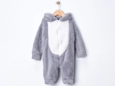 Toptan DENİTO Tavşan Kulaklı Peluş Unisex Bebe Tulum  GRİ - Beniz Bebe