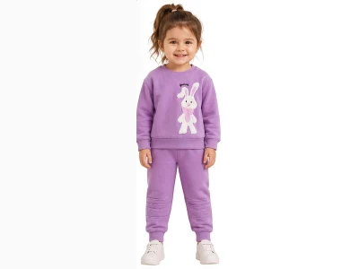 Toptan BİTTOŞ KİDS Tavşan Nakışlı 3 İp Şardonlu Kız Takım LİLA - Beniz Bebe