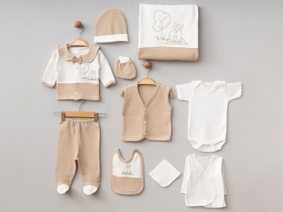 Tavşan Nakışlı Erkek Bebe 10lü Hastane Çıkışı Set