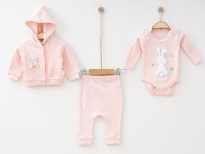 Tavşan Nakışlı Hırkalı Üçlü Kız Bebe Takım