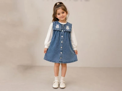 Toptan MENSİS Tavşan Nakışlı İkili Kot Elbise Set - Toptan Çocuk Giyim Beniz Kids