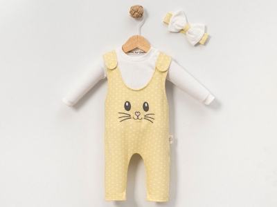 Tavşan Nakışlı Kız Bebe İkili Salopet Set