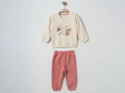 Toptan ÇITIR KİDS Tavşan Nakışlı Şardonlu 3 İp Kız Bebek Takım PEMBE - Beniz Bebe