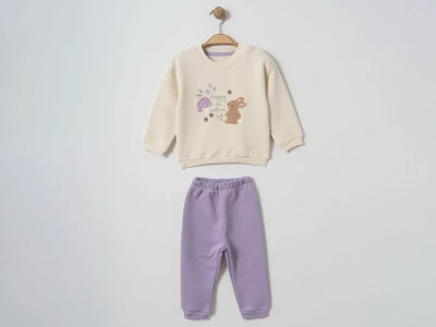 Toptan ÇITIR KİDS Tavşan Nakışlı Şardonlu 3 İp Kız Bebek Takım LİLA - Beniz Bebe