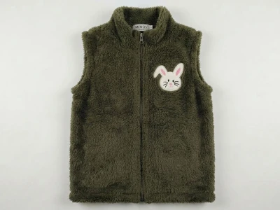 Toptan MENSİS Tavşan Nakışlı Welsoft Peluş Kız Yelek Khaki - Beniz Bebe